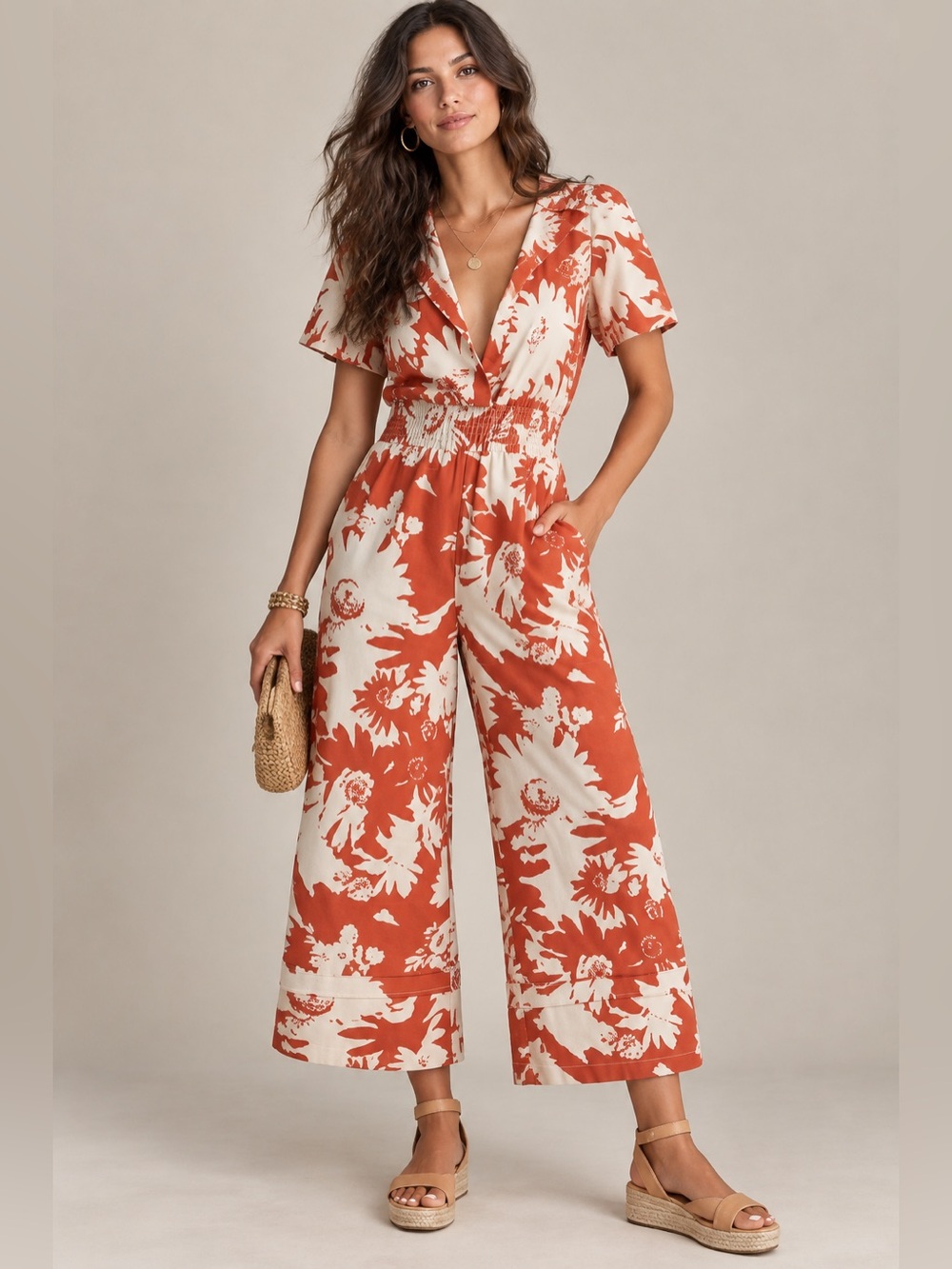 Anthropologie The Somerset Jumpsuit Rust Cream Floral Size Medium